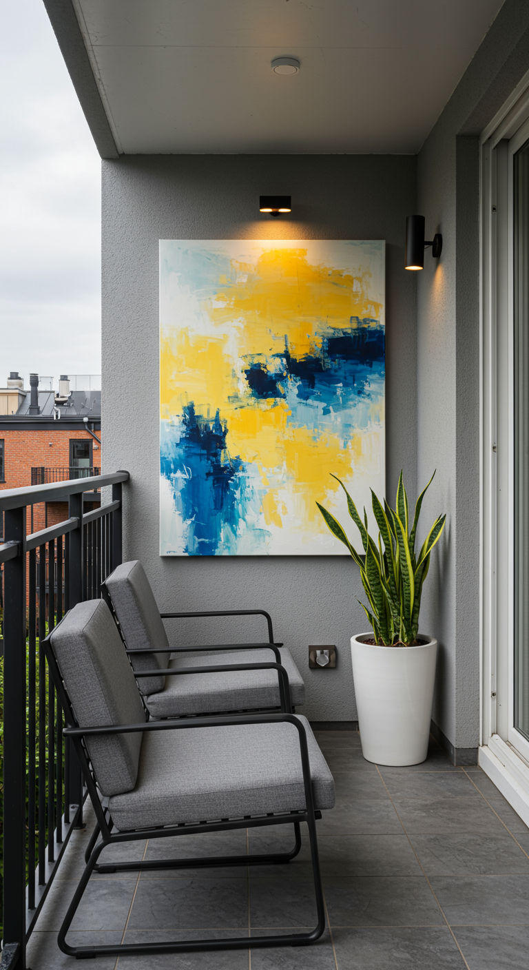 Nordbalkon mit großem abstraktem Wandbild, modernen Stühlen und einer Sansevieria.