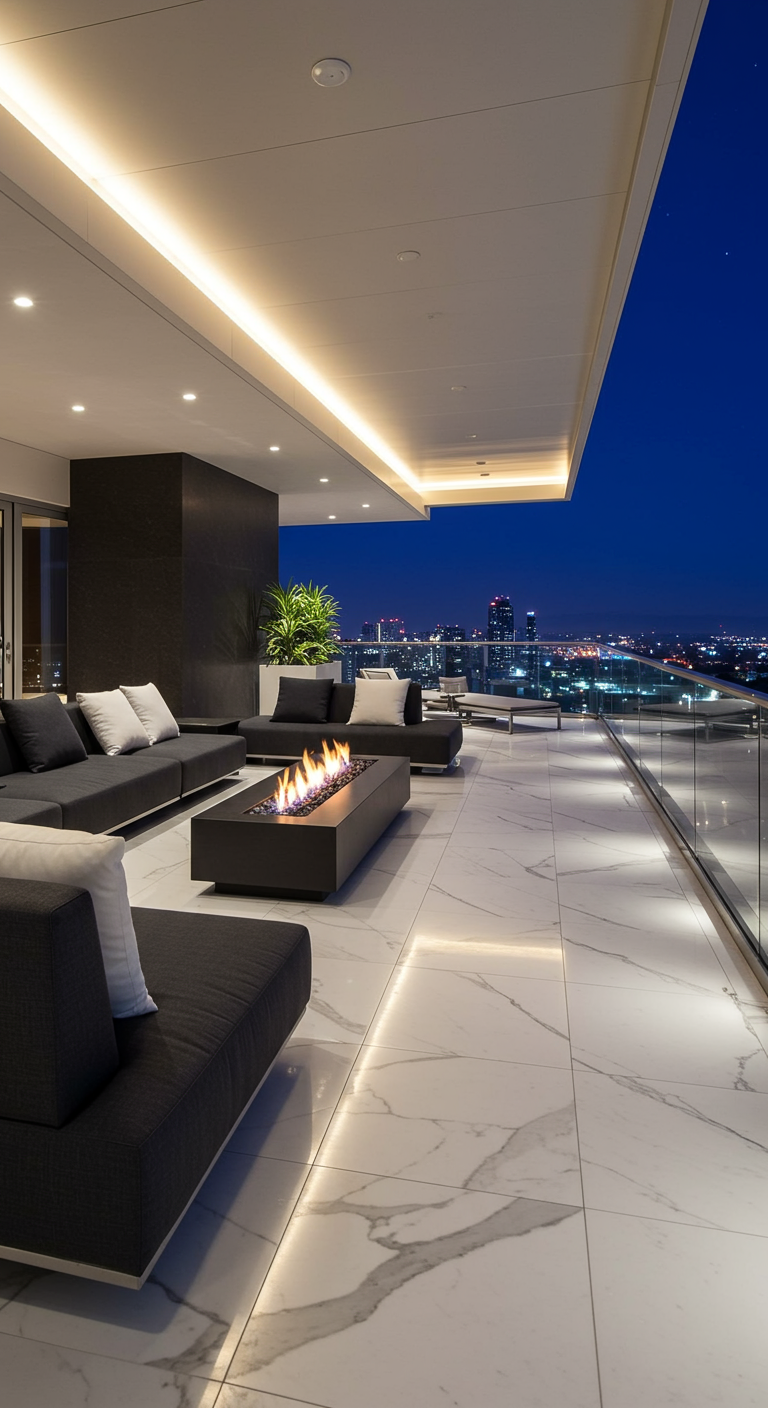 Luxuriöser Dachbalkon mit Marmorboden, dunklen Loungemöbeln, Feuerstelle und Stadtblick bei Nacht.