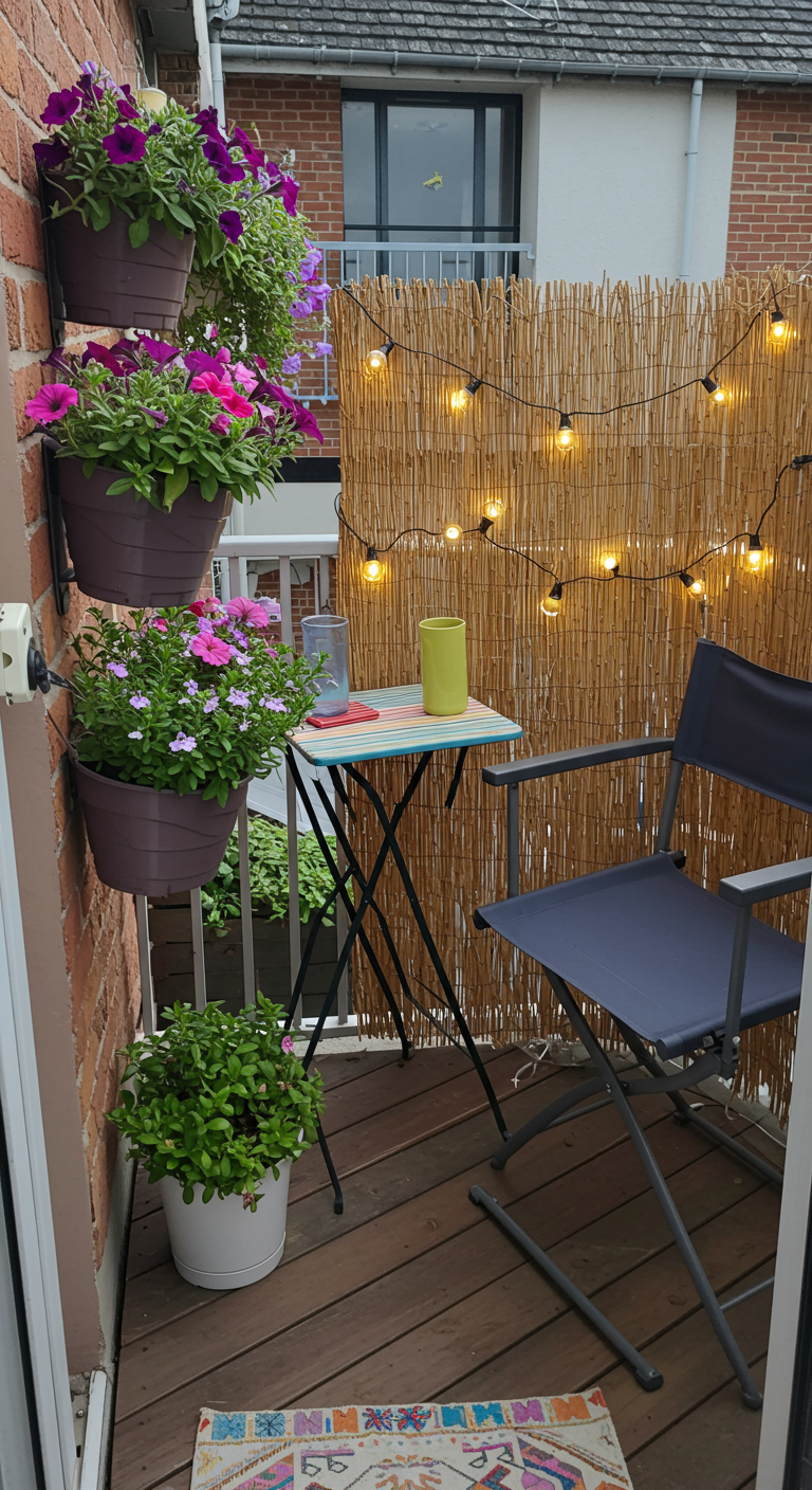 Sehr kleiner Balkon mit Klapptisch, Stuhl, Wandpflanzen und Bambus-Sichtschutz.