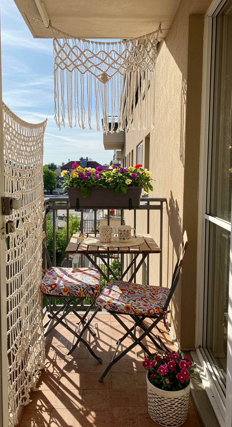Kleiner Boho-Balkon mit Klapptisch, Stühlen mit bunten Kissen und Makramee-Sonnenschutz.