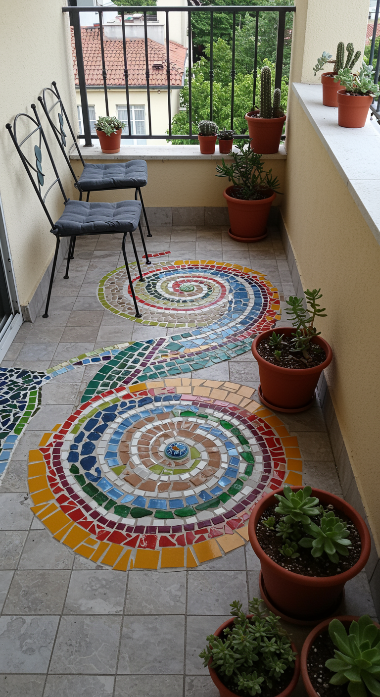 Balkonboden mit großem, rundem Mosaik in Regenbogenfarben und Terrakotta-Pflanztöpfen.