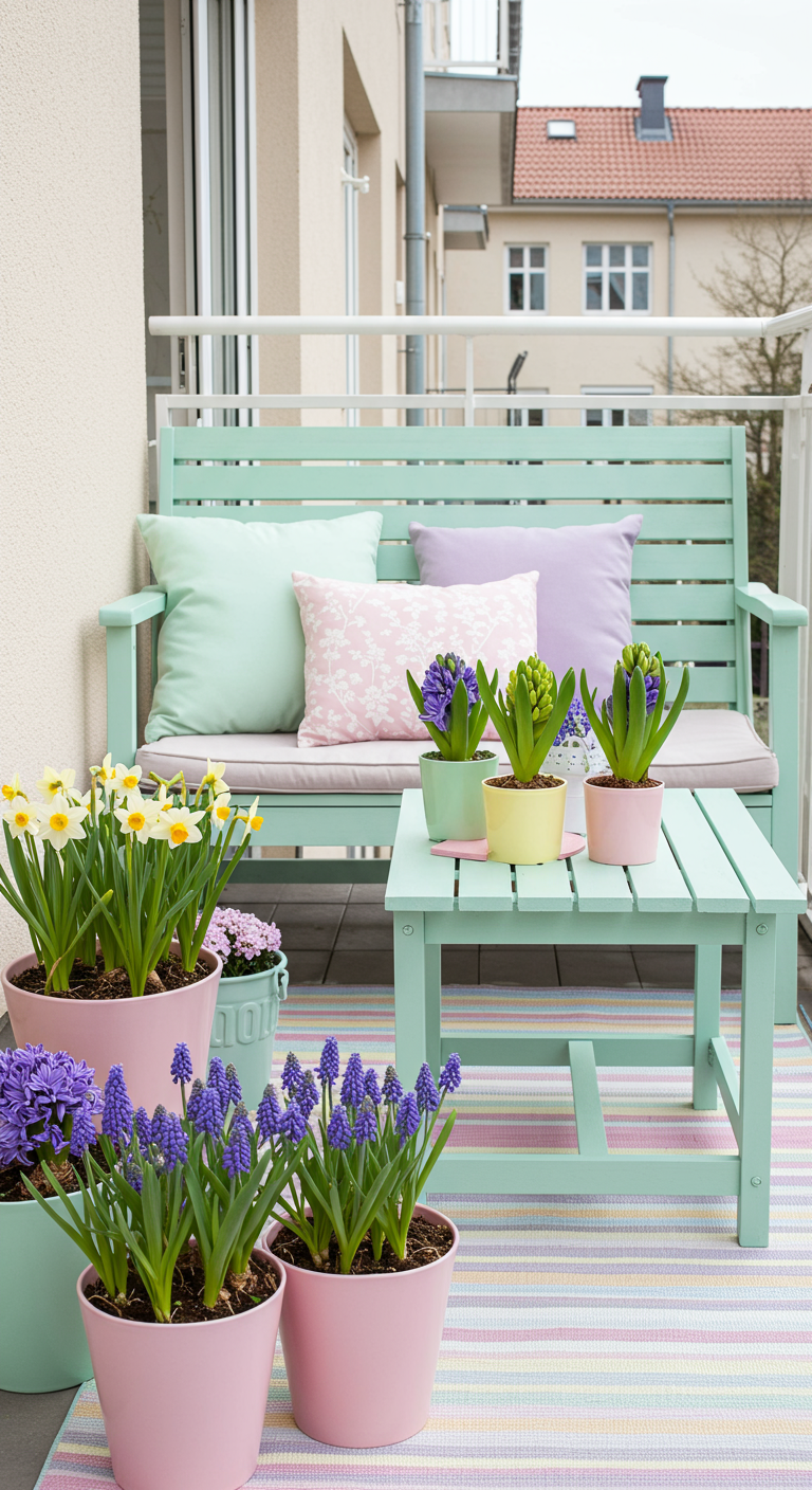 Balkon in Pastellfarben mit mintgrüner Bank und Frühlingsblumen in Rosa und Lila.
