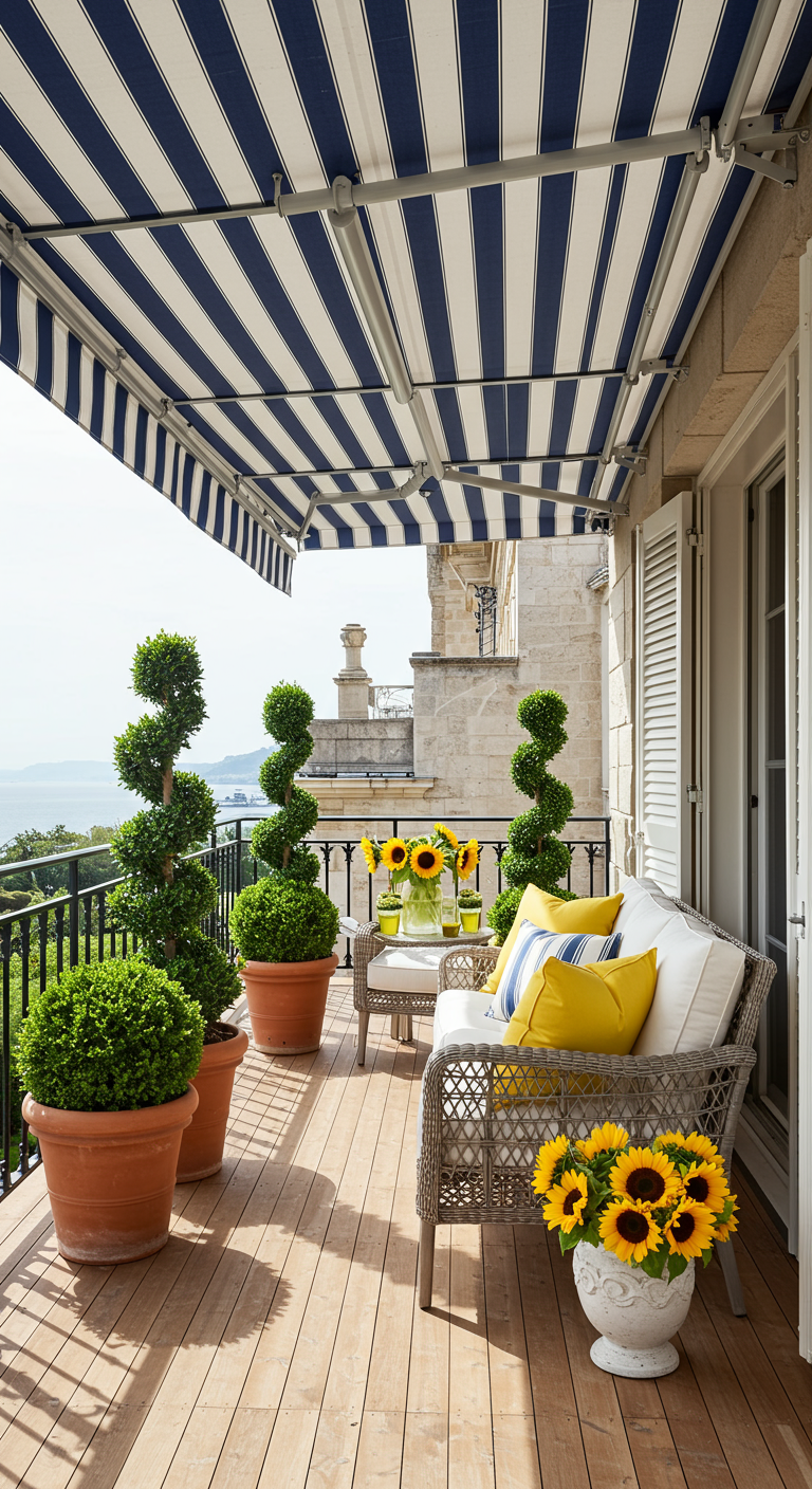 Eleganter Balkon mit blau-weiß gestreifter Markise, Korbmöbeln, Formschnitt-Buchs und Sonnenblumen.