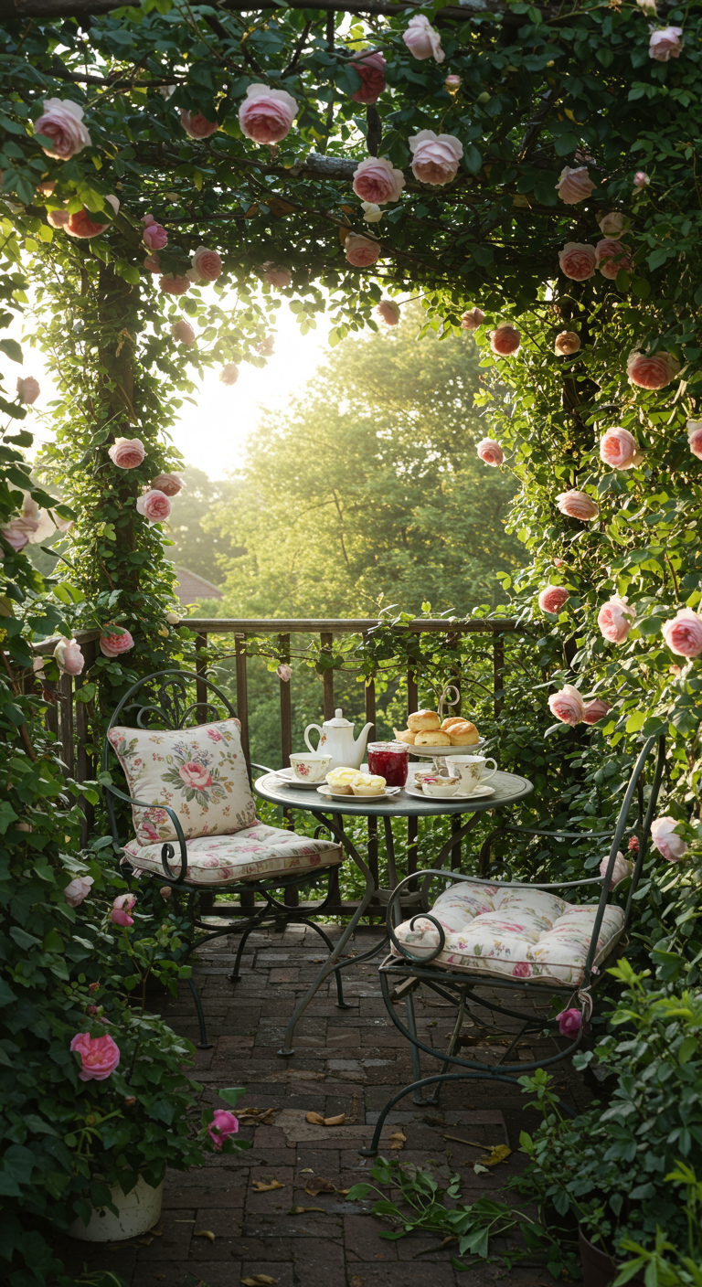 Romantisches Frühstück unter einem Bogen aus blühenden rosa Rosen auf einem Balkon.