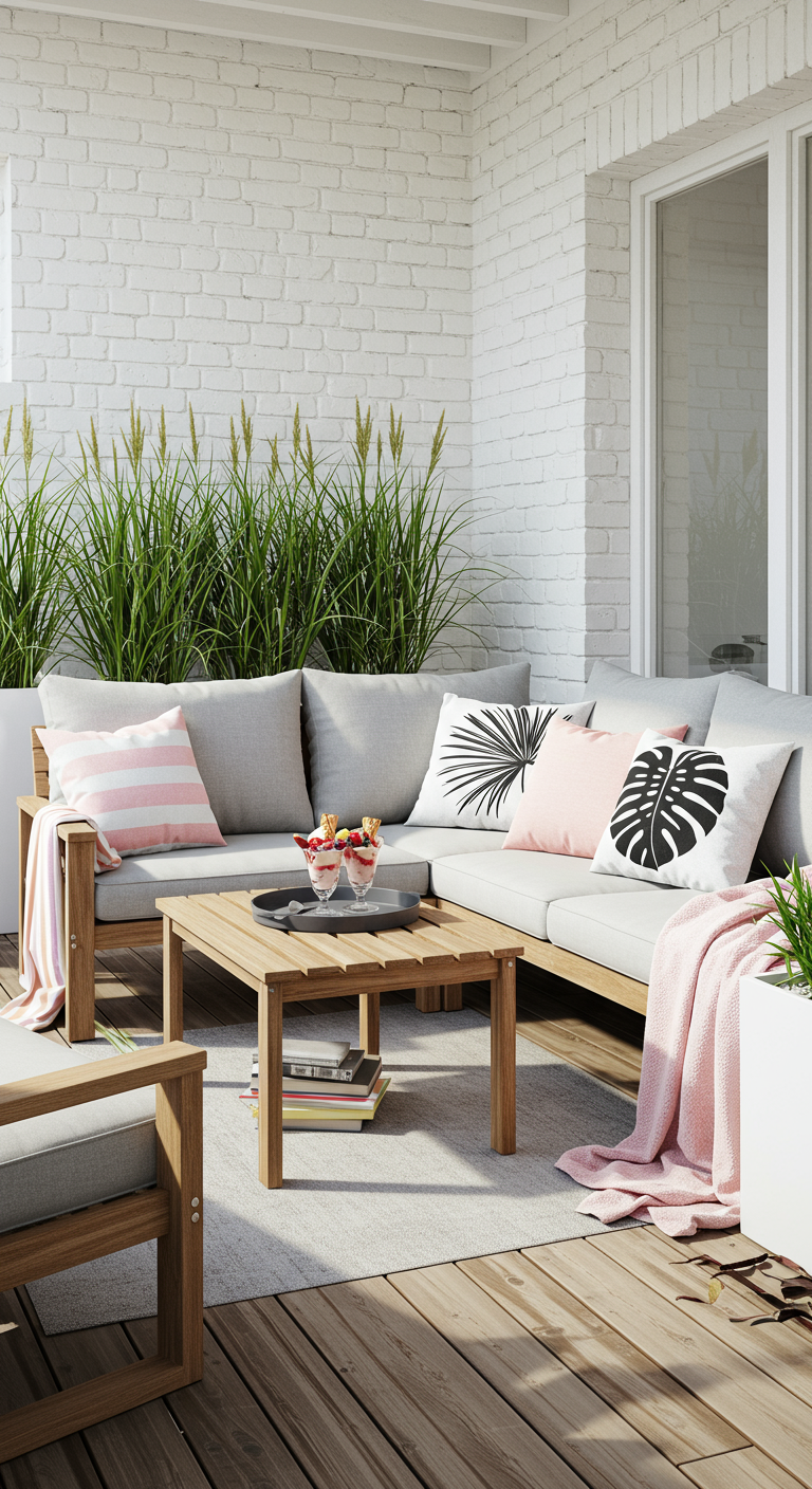 Moderner Balkon mit Holzecksofa, rosa und Palmenprint-Kissen vor weißer Wand.