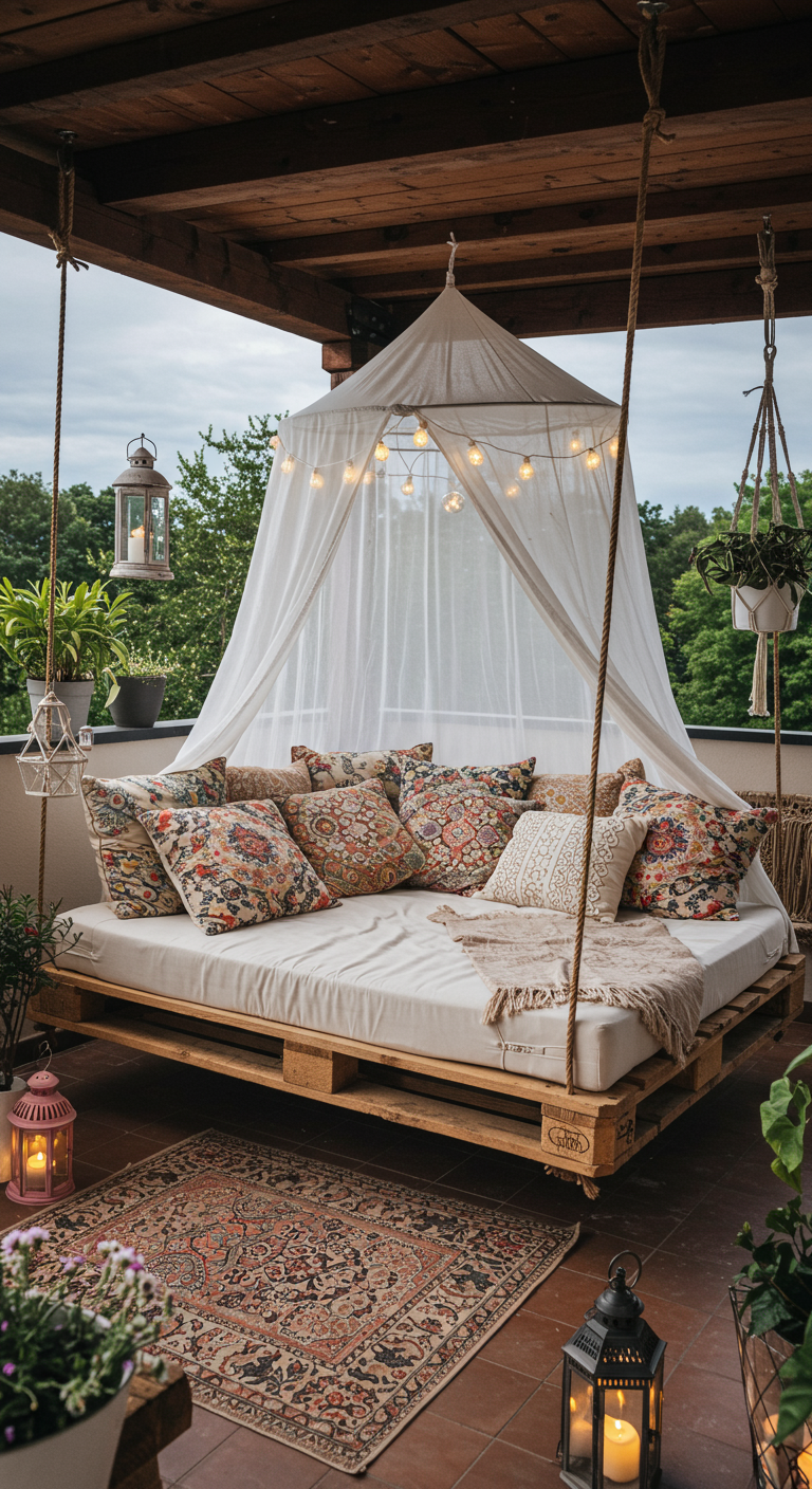 Hängendes Palettenbett mit Kissen, Baldachin und Lichterketten auf Balkon.