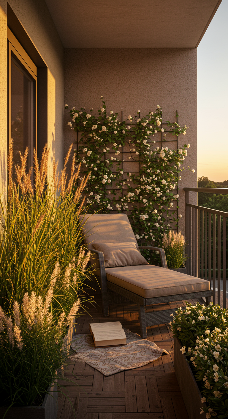 Balkon-Lounge mit Sonnenliege, Kletterrosen am Rankgitter und Gräsern im Sonnenuntergang.