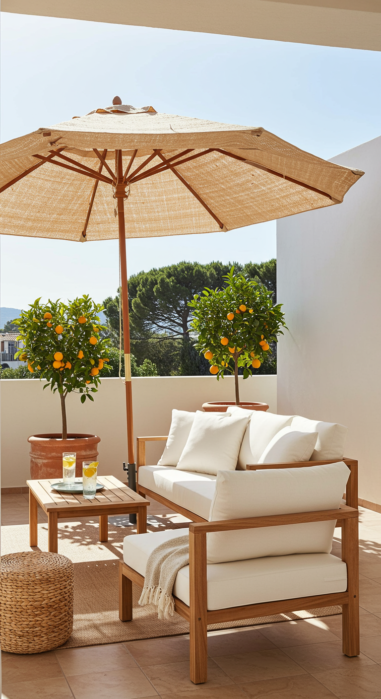Balkon mit Holzmöbeln, hellem Leinen und großem Jute-Sonnenschirm.