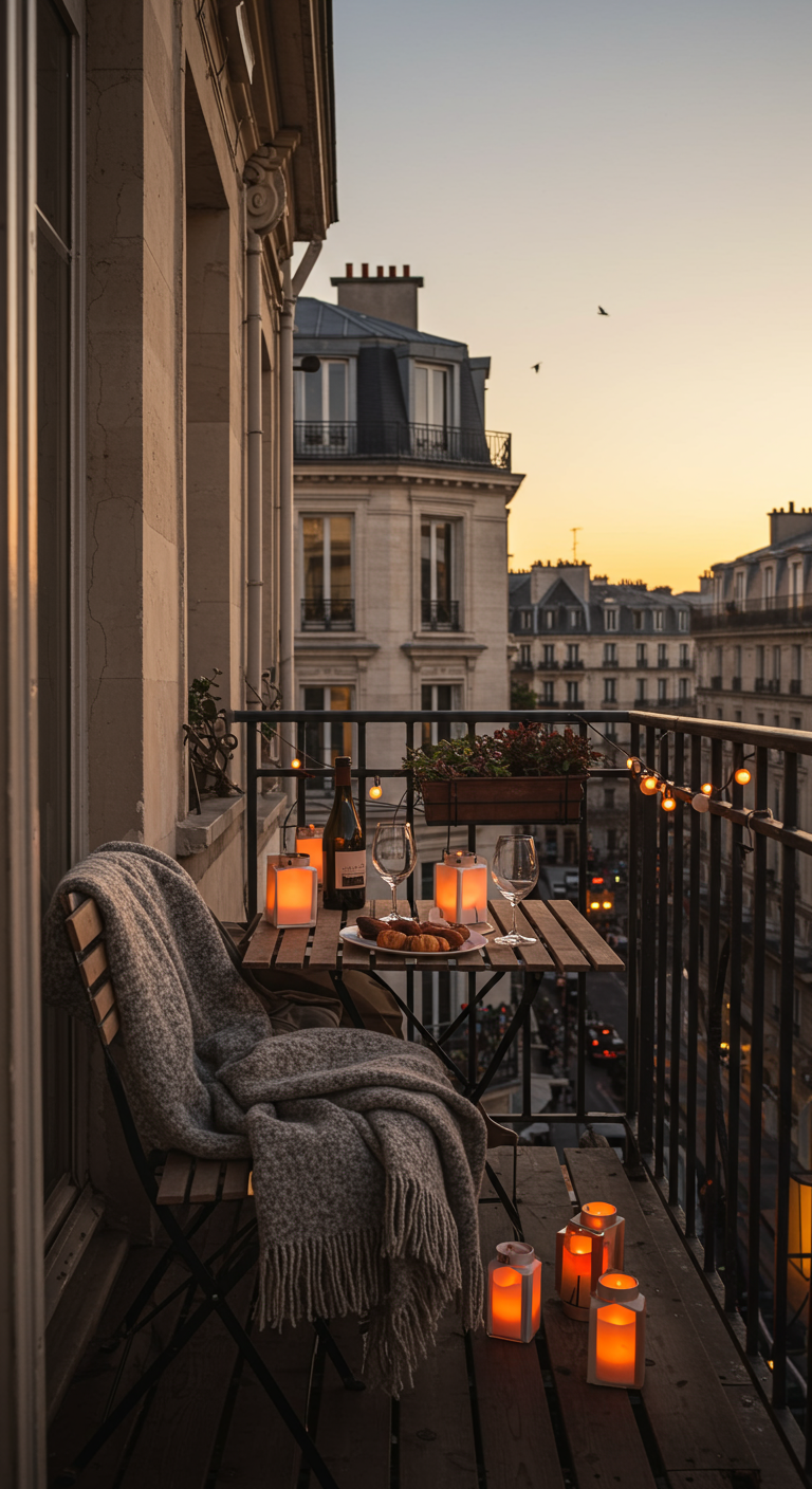 Holz-Bistro-Set auf Balkon bei Sonnenuntergang, mit Decke, Kerzen und Lichterkette.