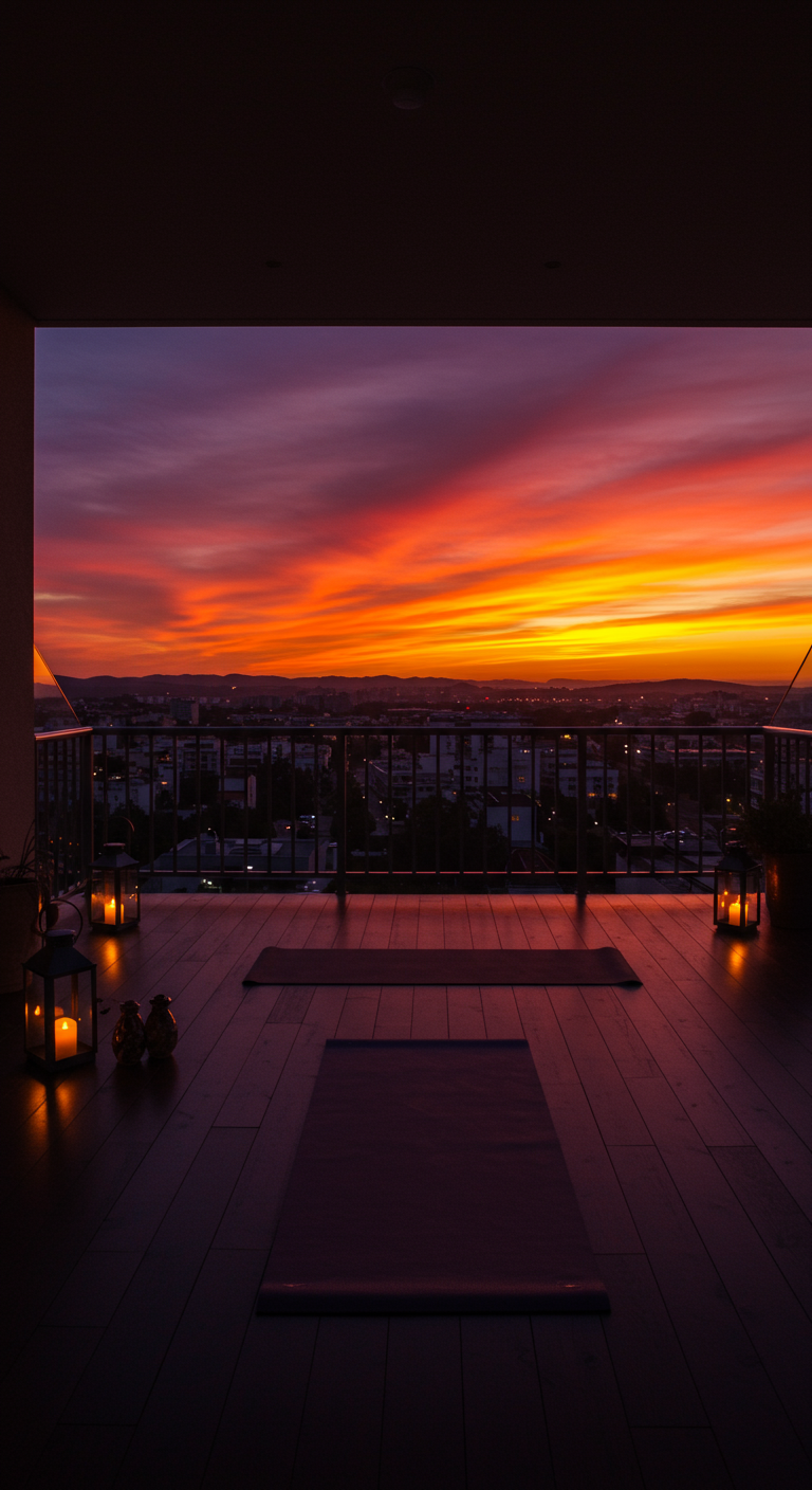 Zwei Yogamatten auf einem Holzbalkon mit Blick auf den Sonnenuntergang über der Stadt.
