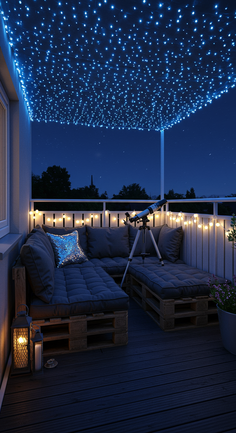 Balkon-Lounge aus Paletten mit Lichterhimmel und Teleskop bei Nacht.