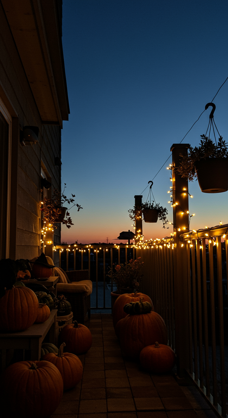 Balkon bei Nacht mit vielen Lichterketten, Kürbissen und Hängepflanzen.