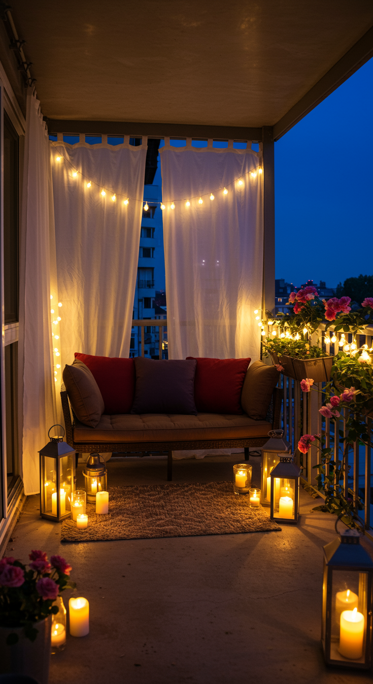 Balkon bei Nacht mit hellen Vorhängen, Sofa, Lichterketten und vielen Kerzen.