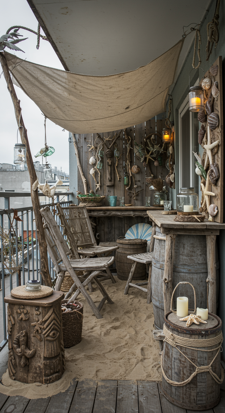 Rustikaler Balkon mit Sandfläche, Treibholzmöbeln und Muscheldeko.