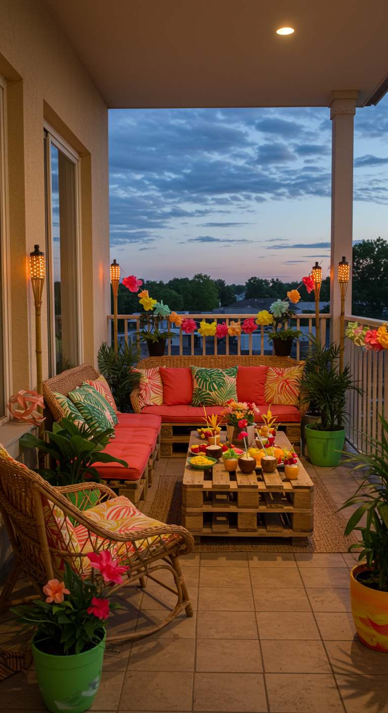 Balkon im Tiki-Stil mit Palettensofa, Bambusfackeln, bunten Blumenketten und tropischen Cocktails.