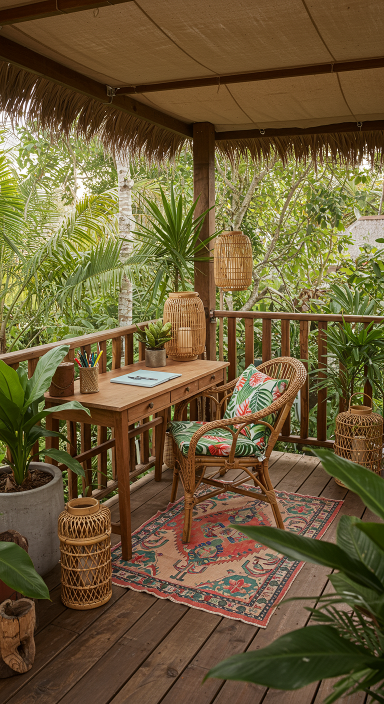 Tropischer Balkon-Arbeitsplatz mit Holztisch, Korbstuhl und vielen Grünpflanzen.