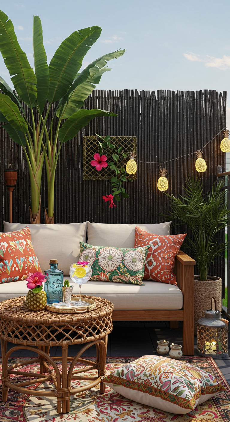 Tropischer Balkon mit Rattanmöbeln, bunten Kissen und Ananas-Lichterkette.