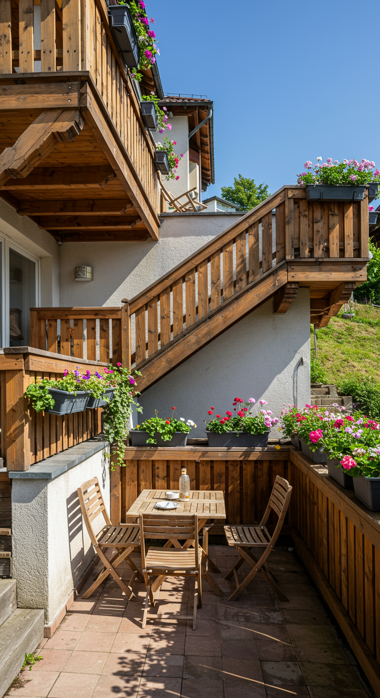 Kleiner Balkon unter einer Holztreppe mit Holztisch, Stühlen und Blumenkästen.