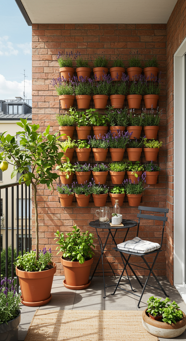 Balkon mit Ziegelwand und vertikalem Garten aus Terrakottatöpfen.