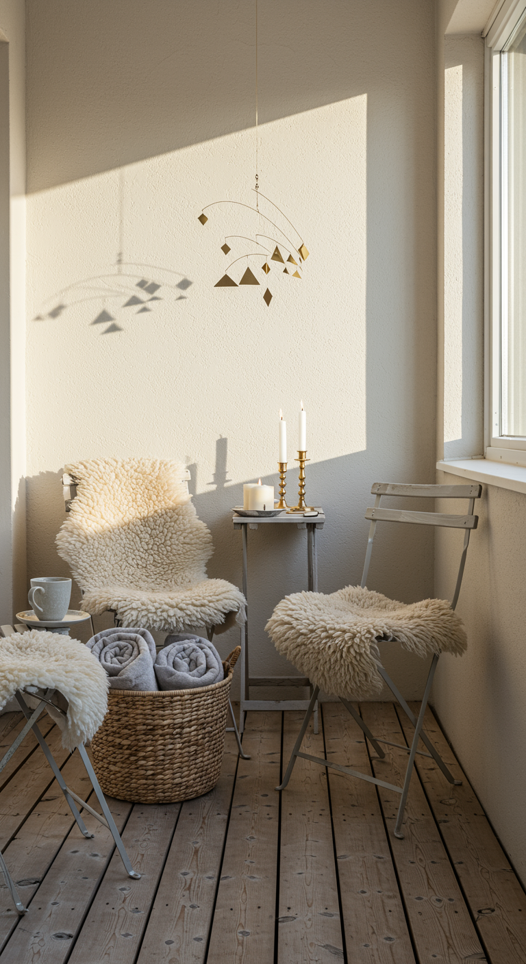Heller Balkon mit Holzfußboden, Klappstühlen mit Fellauflagen und goldenem Mobile an der Decke.