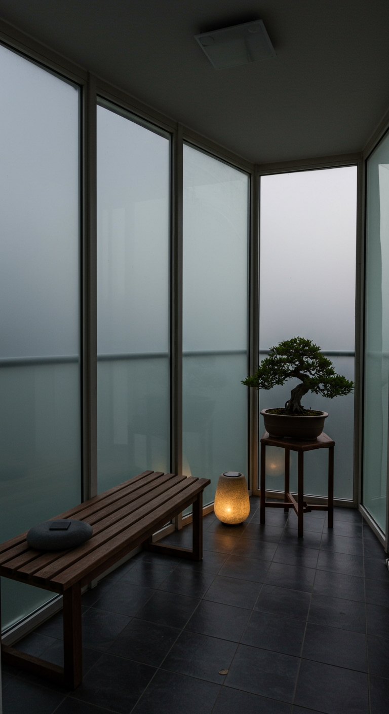 Minimalistischer Innenraum mit Holzsitzbank, Bonsai auf Hocker und Bodenlaterne.