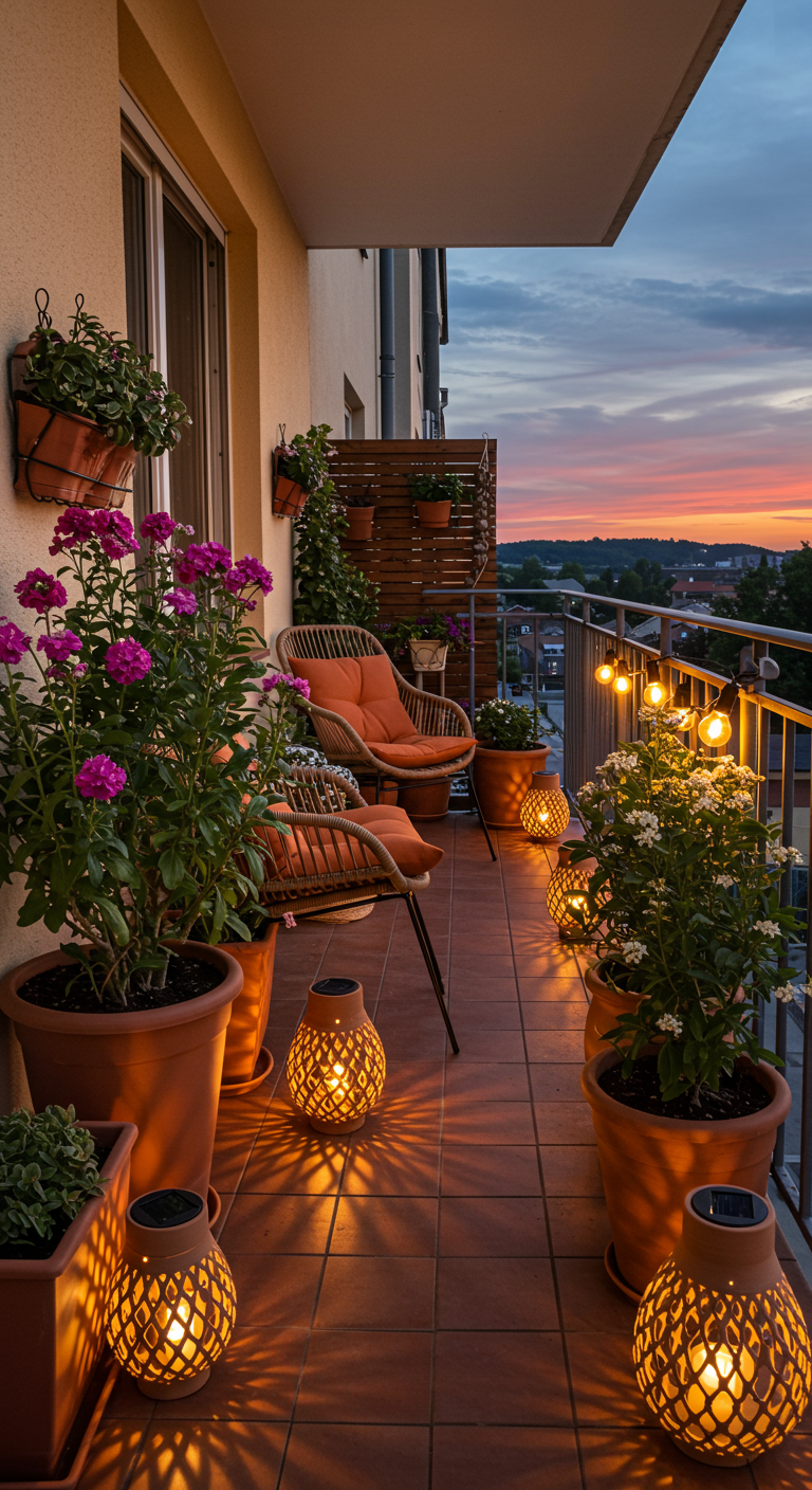 Dämmerungsstimmung auf Balkon mit Terrakotta-Töpfen, Korbmöbeln und vielen Lichtern.