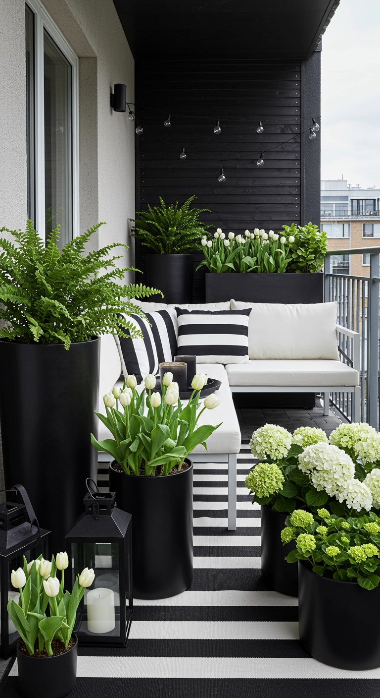 Schwarz-weißer Balkon mit weißen Möbeln, gestreiftem Teppich und weißen Blumen.