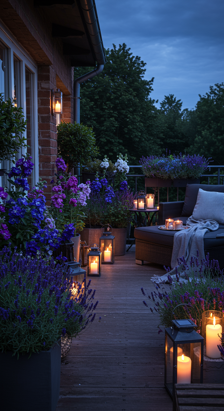 Balkon in der Dämmerung mit blauen und lila Blüten, vielen Kerzen und Laternen.