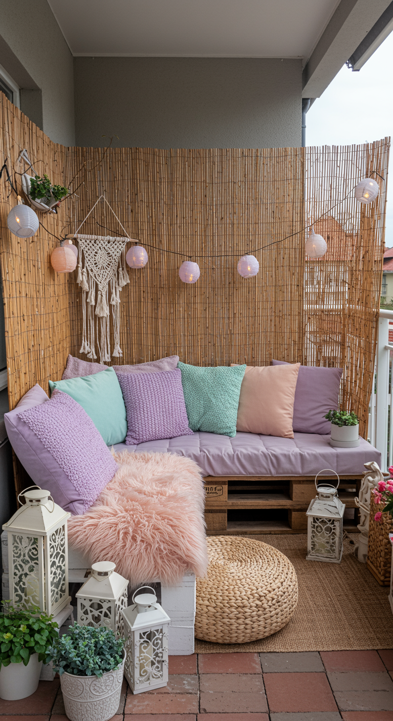 Gemütlicher Balkon mit Palettensofa, bunten Pastellkissen und Bambus-Sichtschutz.