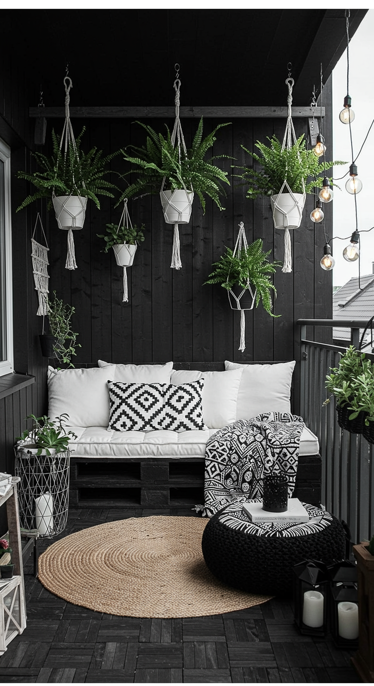 Balkon mit schwarzer Palettenlounge, weißen Polstern, Makramee-Hängepflanzen und Juteteppich.