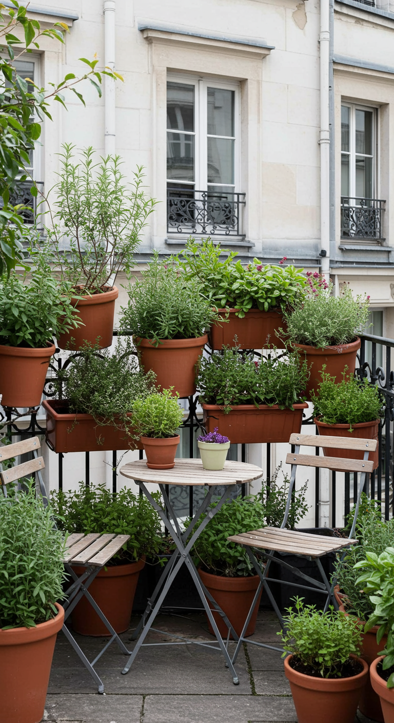 Balkon als Kräutergarten mit vielen Terrakotta-Töpfen und einem kleinen Bistro-Set.