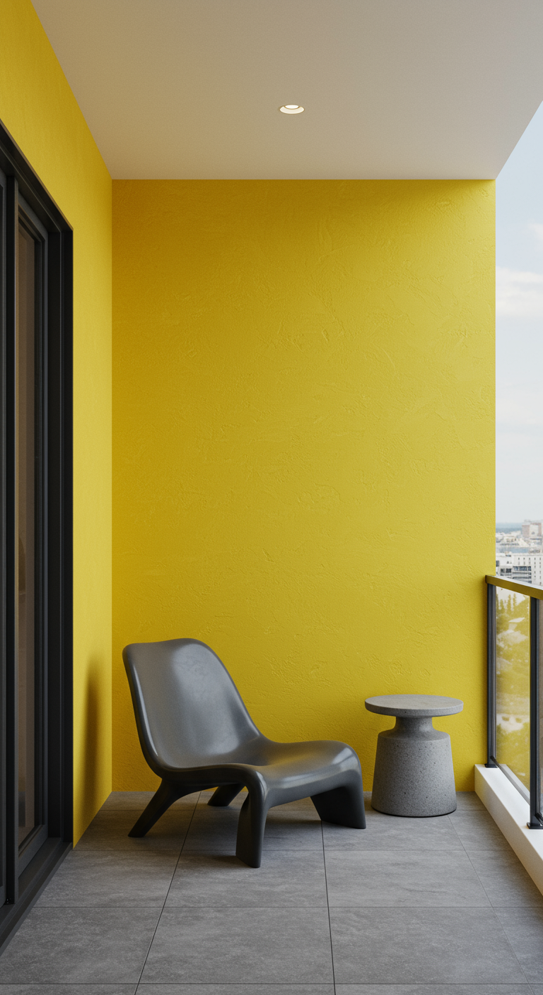 Minimalistischer Balkon mit gelber Wand und einem grauen Designersessel.