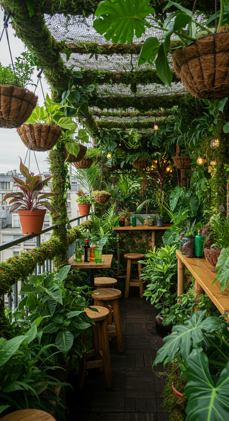 Üppig begrünter Balkon mit Hängepflanzen und Holzmöbeln, der an einen Dschungel erinnert.