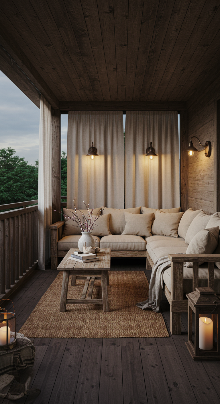Überdachter Holzbalkon mit Ecksofa, Leinenkissen, Vorhängen und Laternen.