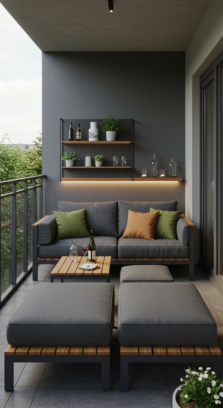 Graues Balkonsofa mit Hockern, Couchtisch und beleuchtetem Wandregal.