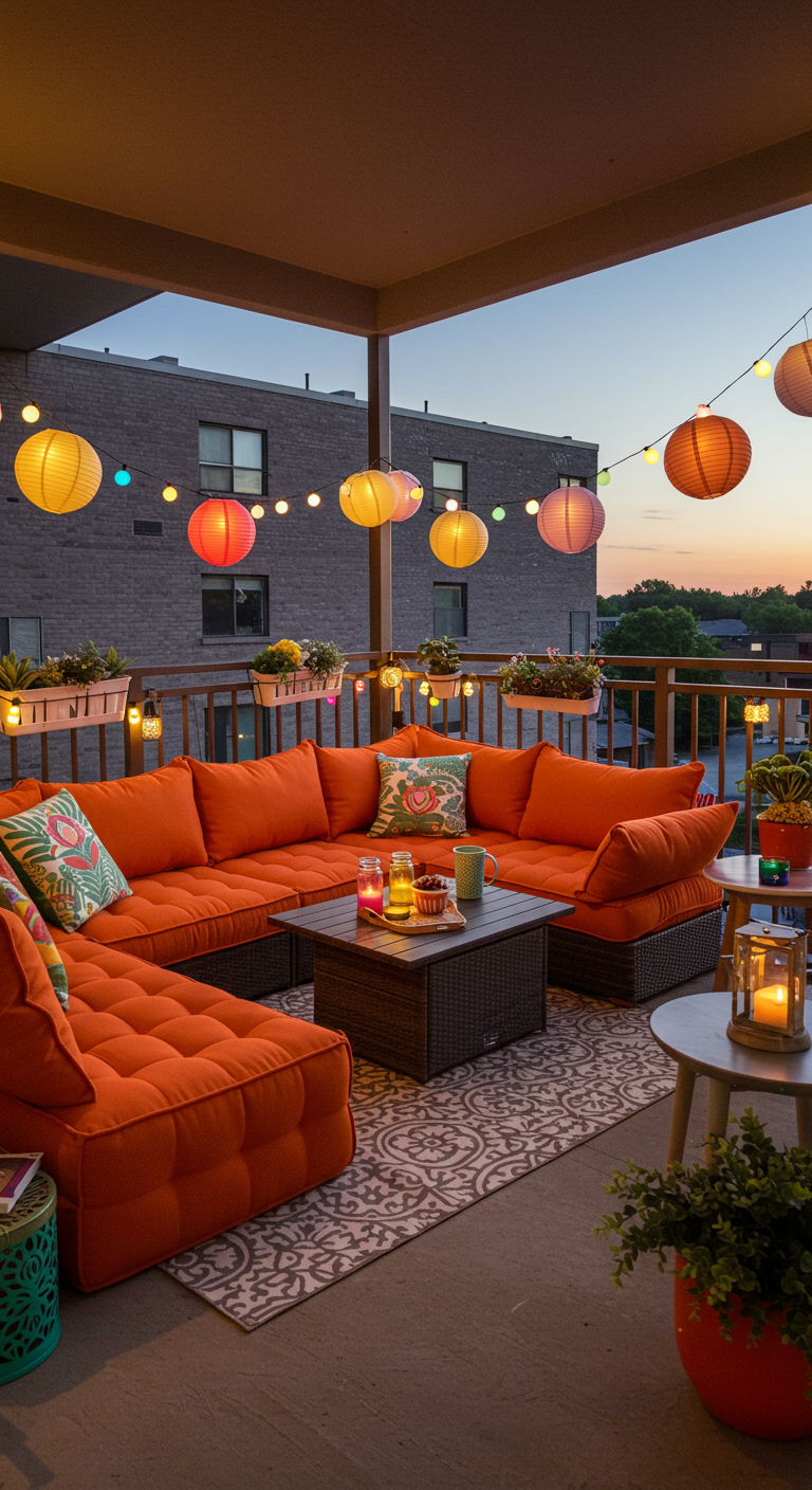 Eckbalkon mit großem orangem Sofa und bunten Lampions bei Dämmerung.
