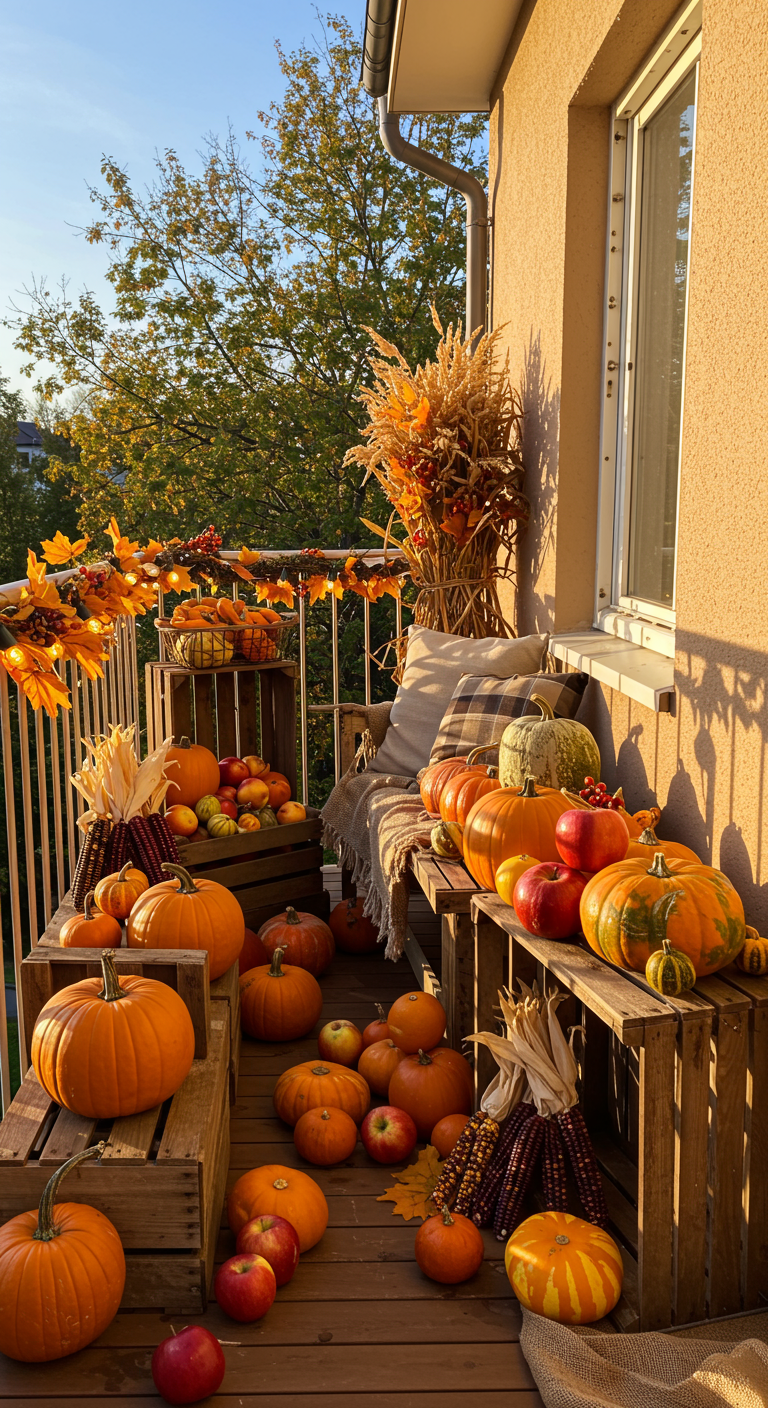 Sonniger Balkon mit vielen Kürbissen in Holzkisten, Maiskolben und Herbstlaubgirlande.