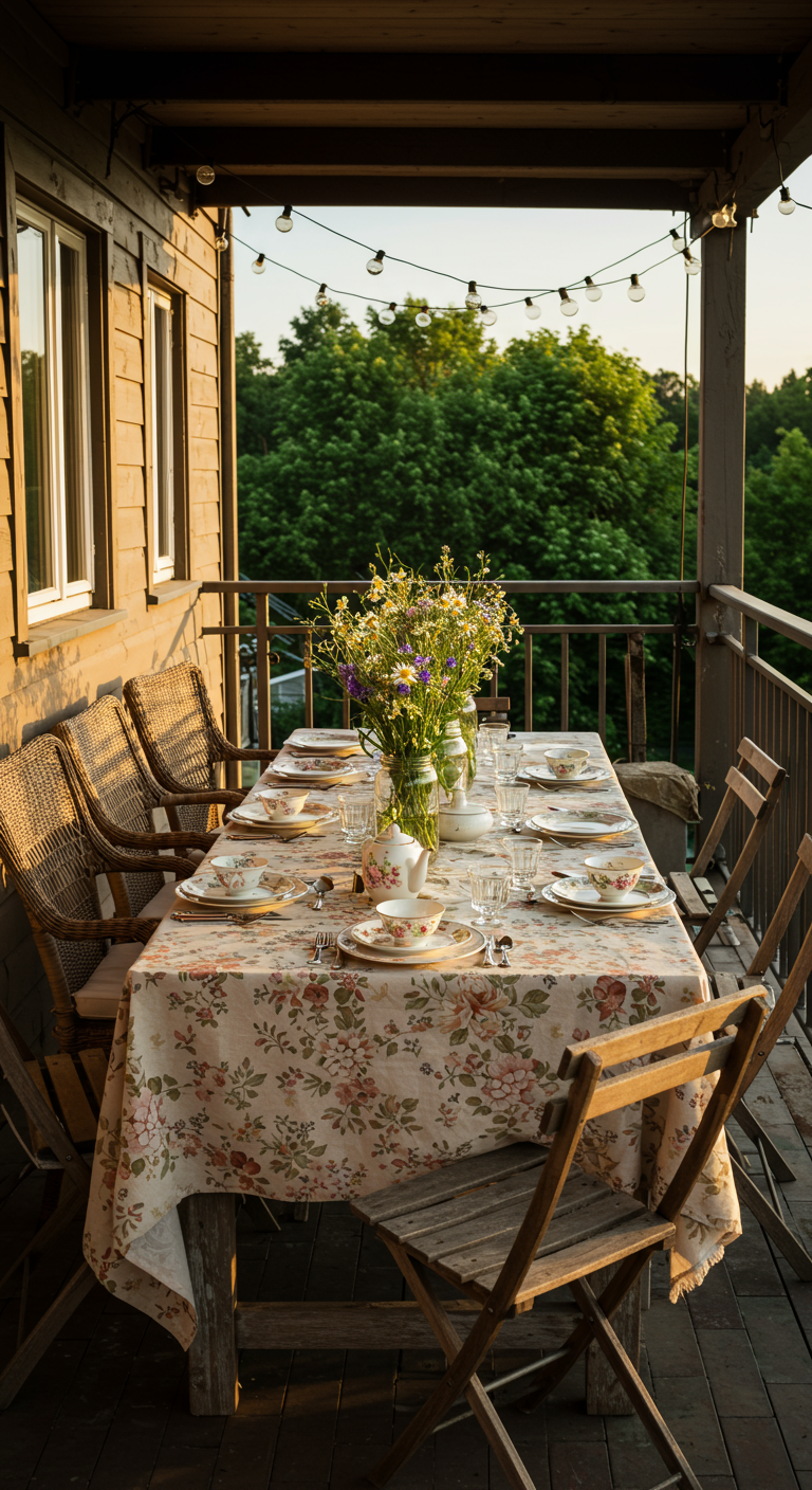 Lang gedeckter Holztisch mit floraler Tischdecke, Wildblumen, Klappstühlen auf Holzbalkon.