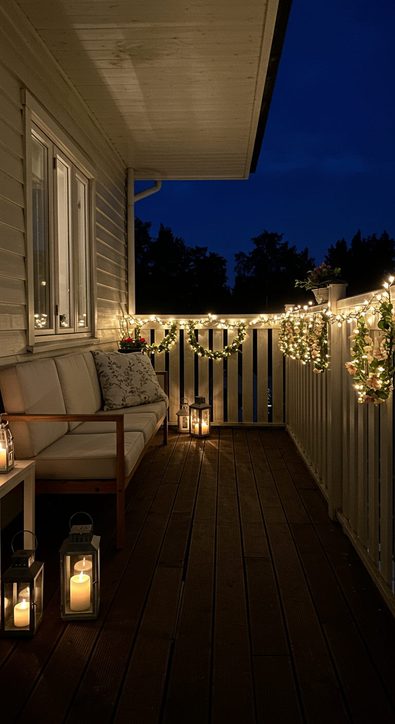 Balkon bei Nacht mit Sofa, vielen Laternen und beleuchteten Kränzen am Geländer.