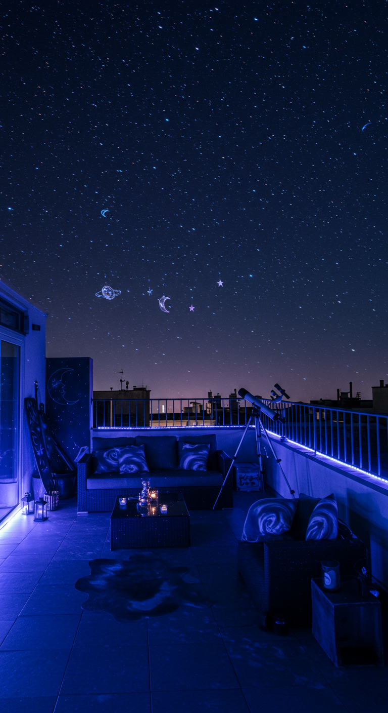 Balkon in tiefblaues Licht getaucht, mit Sternenprojektionen und Teleskop.