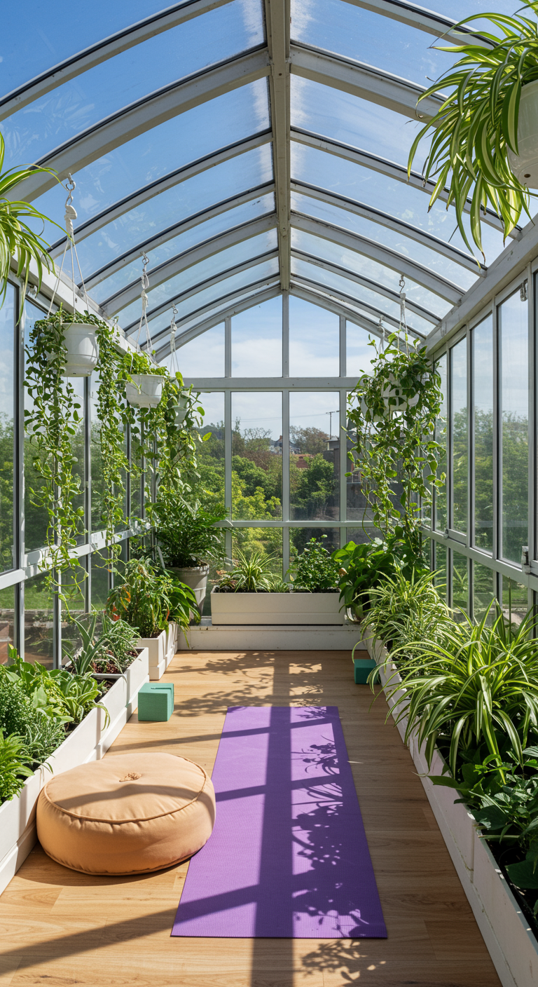 Yoga-Platz in einem hellen, verglasten Balkon mit vielen Hängepflanzen.