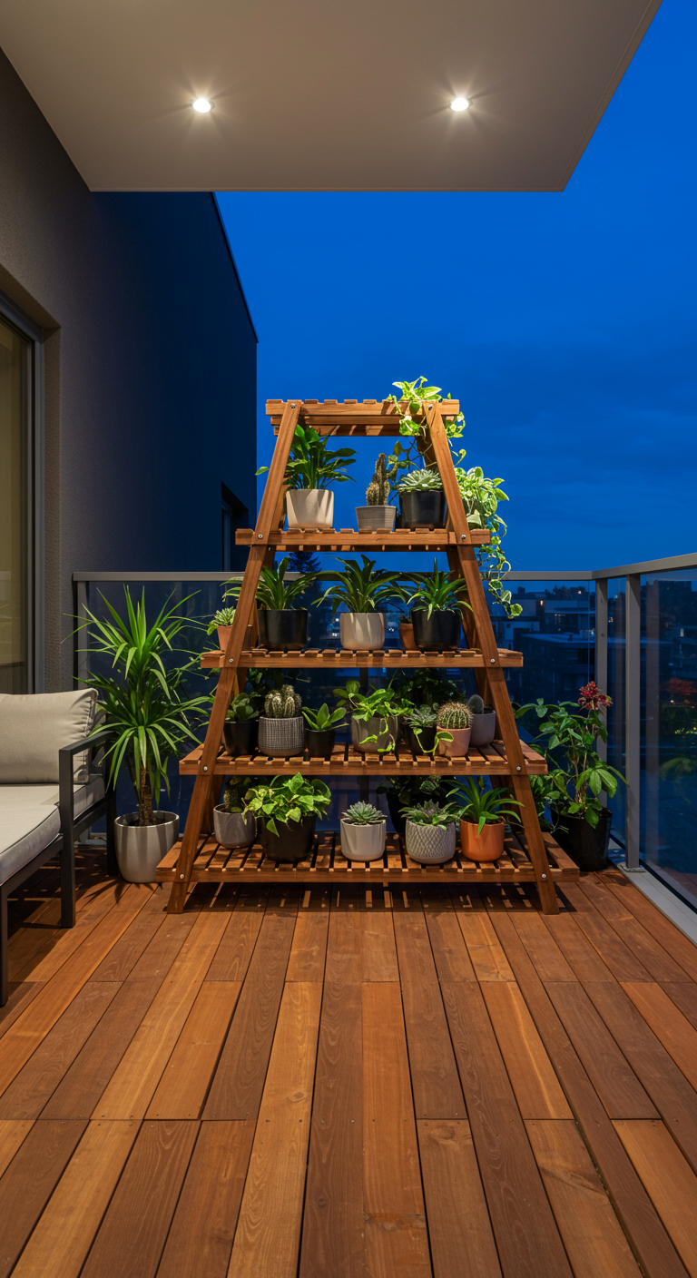 A-förmiges Holzregal mit Pflanzen, beleuchtet bei Nacht auf einem modernen Balkon.