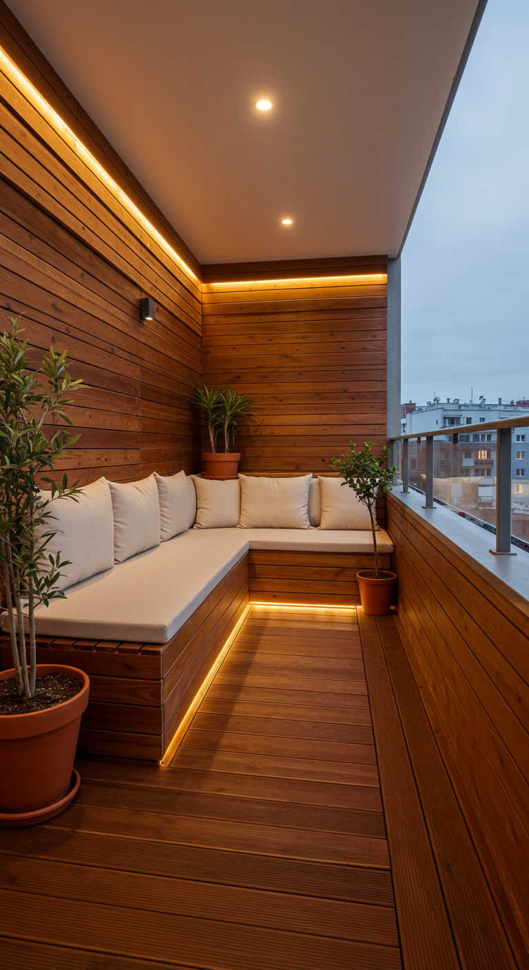 Balkon mit Holzverkleidung, heller Eckbank, Holzboden und warmer LED-Beleuchtung.