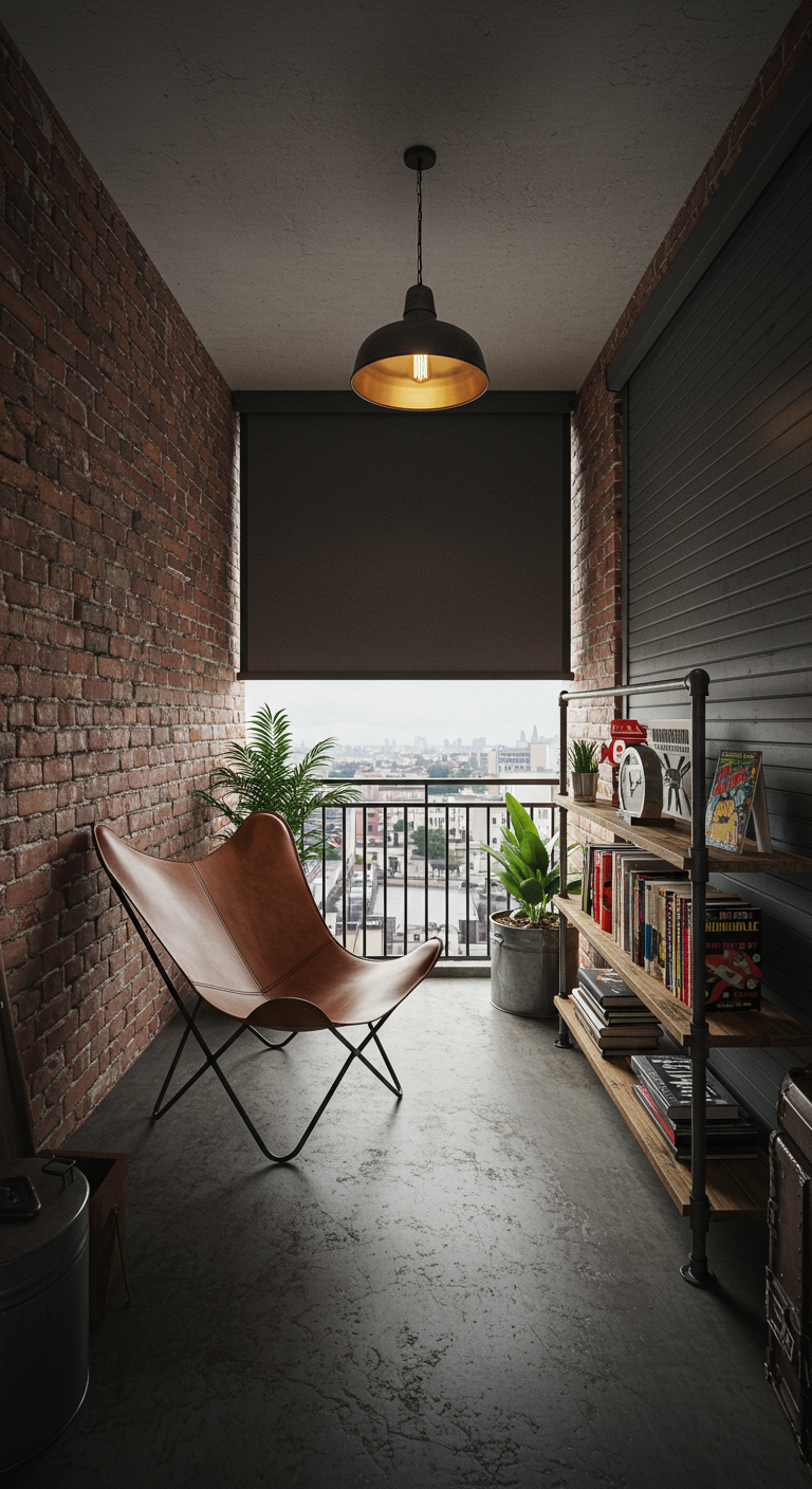 Balkon im Industrial-Stil mit Ledersessel, Backsteinwand, Metallregal und Rollo.