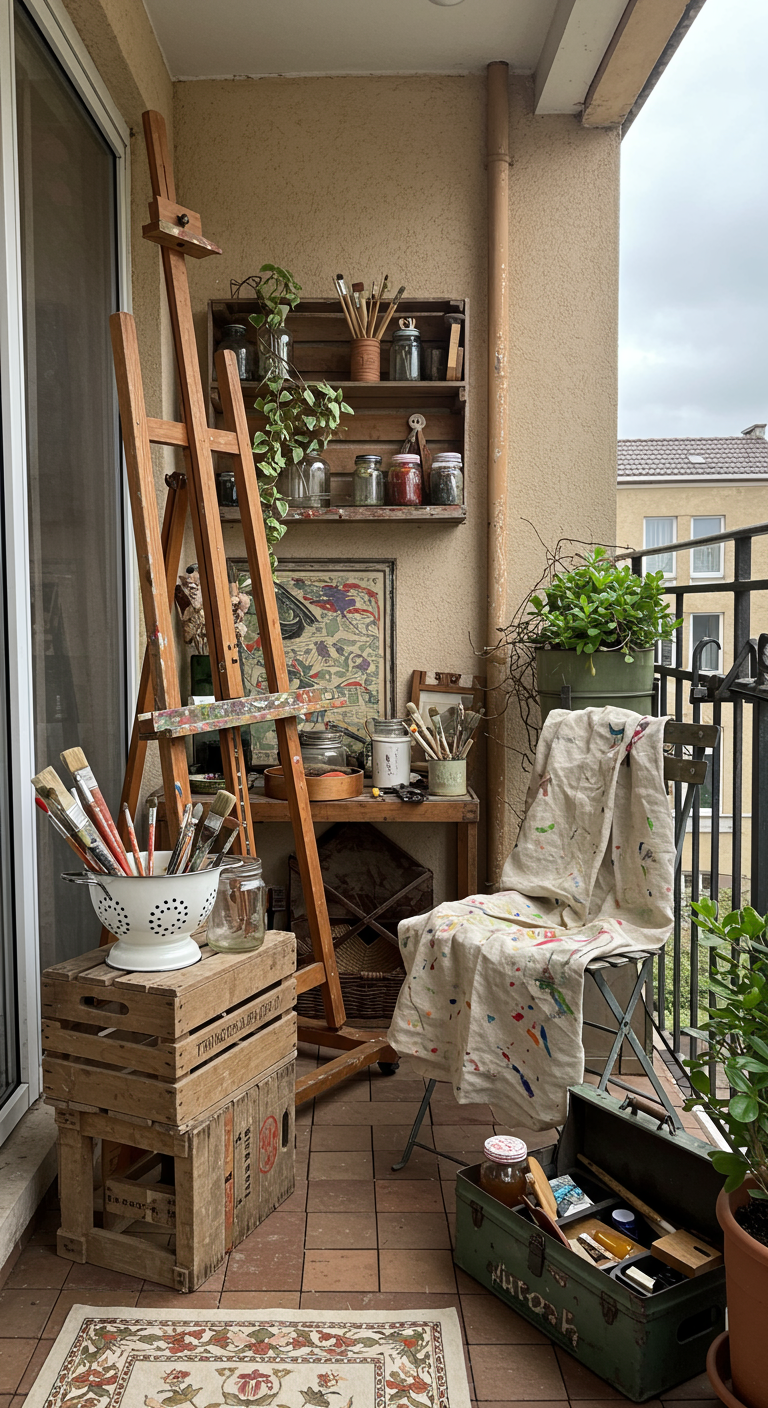 Kreativer Balkon mit Staffelei, Farbtöpfen und Holzkisten
