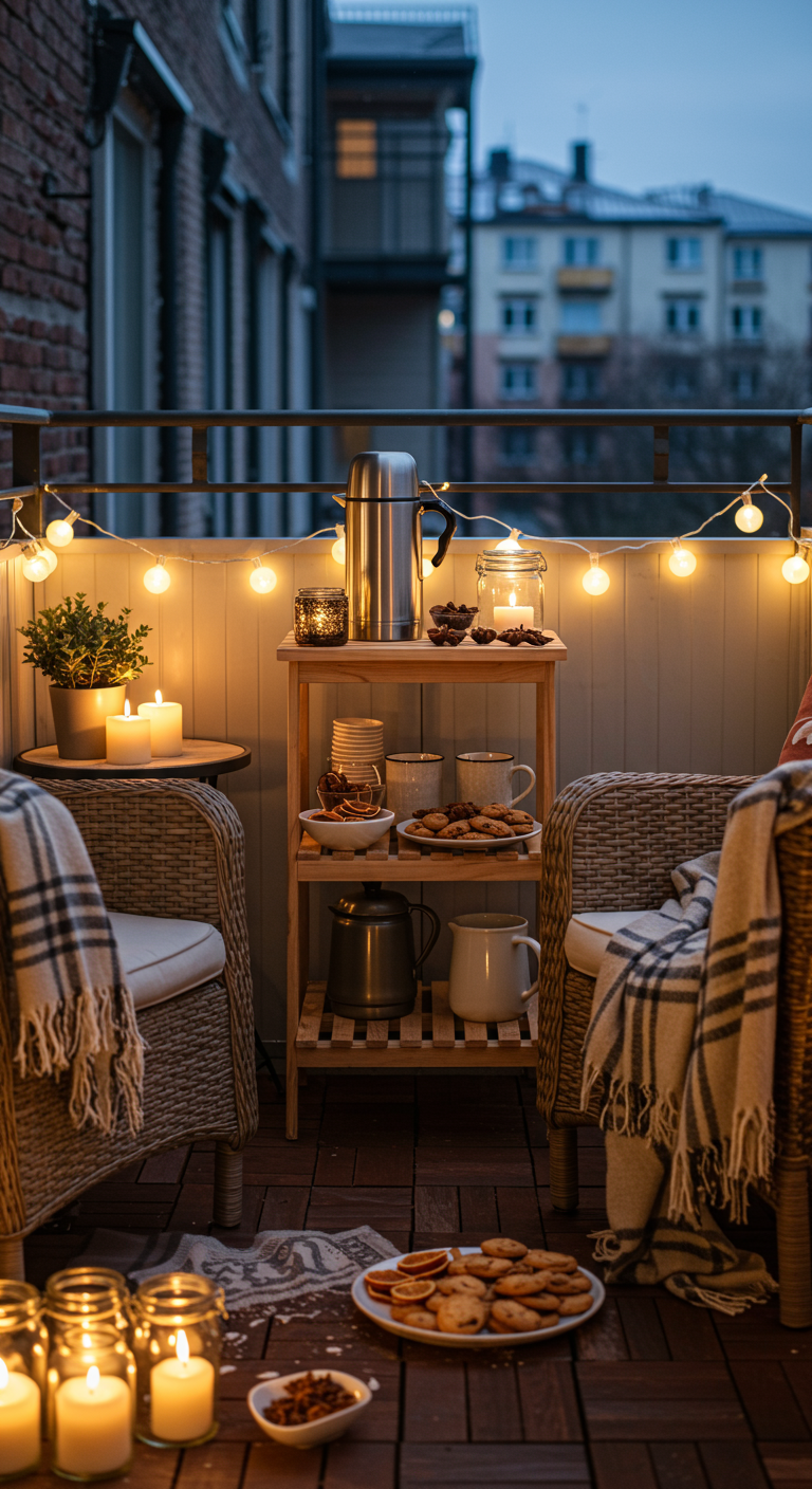 Balkon mit zwei Korbsesseln, Regal mit Kaffeezubehör, vielen Kerzen und Lichterkette.