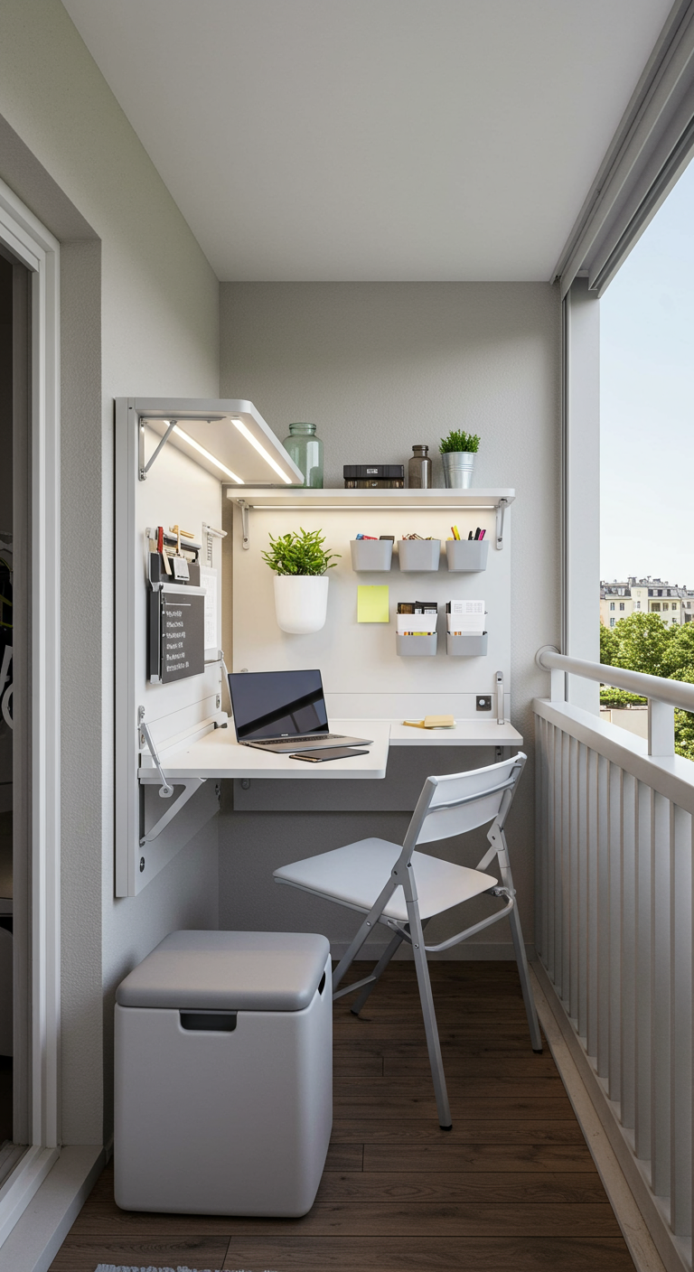 Schmaler Balkon mit wandmontiertem Klapptisch, Klappstuhl und integrierter Beleuchtung.