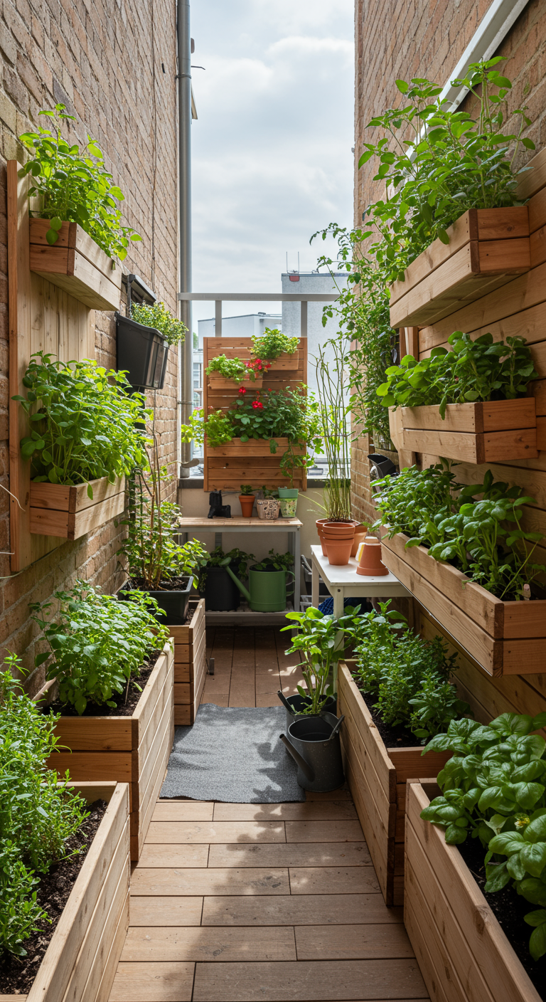 Sehr schmaler Balkon, optimal genutzt mit Hochbeeten und Wandregalen voller Kräuter.