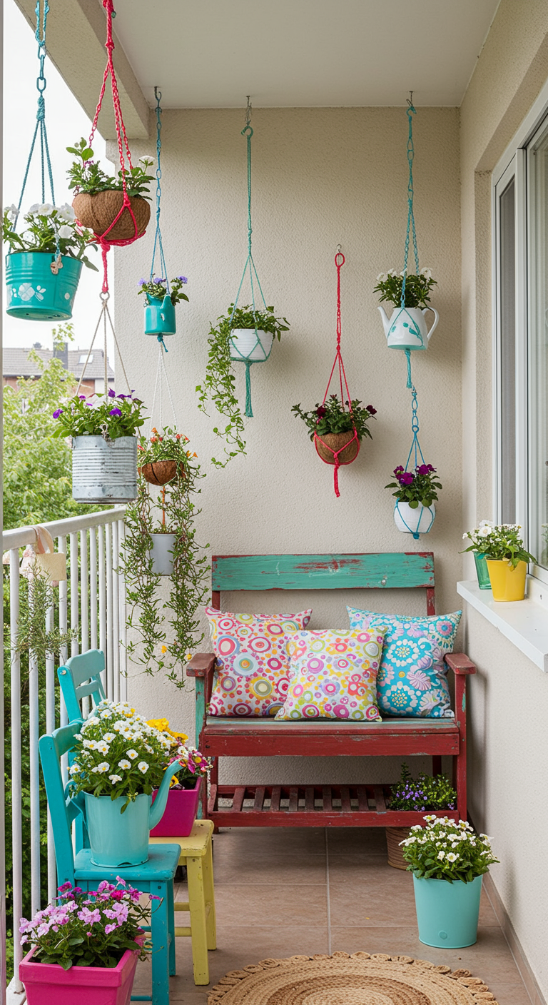 Farbenfroher Balkon mit DIY-Hängepflanzen aus upgecycelten Dosen und Tassen.
