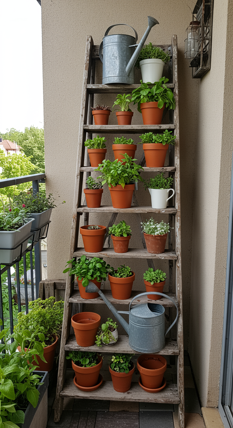 Alte Holzleiter als Pflanzenregal mit vielen Kräutertöpfen auf einem schmalen Balkon.